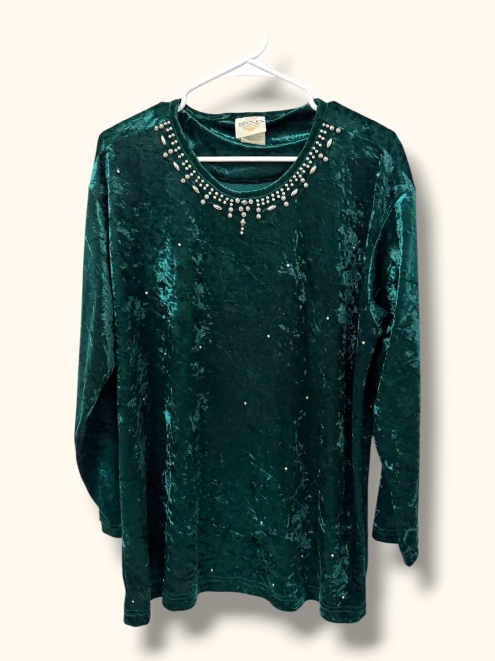 Bentley Top Womens L Crushed Velvet Embellished Jewel Neck Long Sleeve Green